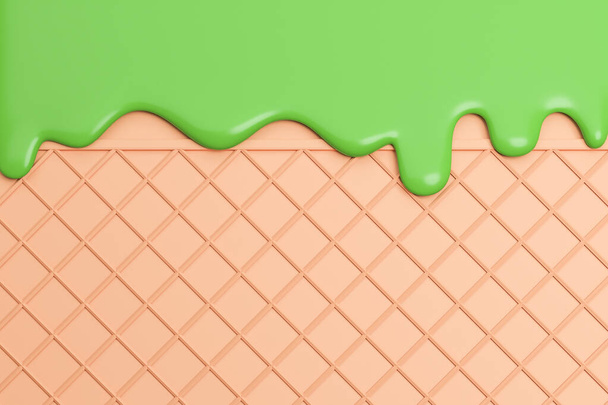 Green tea Ice Cream Melted on Wafer Background.,3d model and illustration. - Foto, Imagen