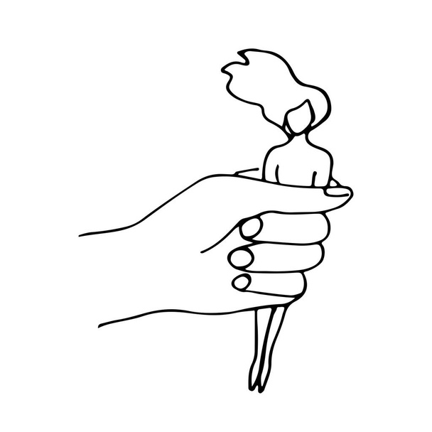 De hand houdt de vrouw volledig vast. Doodle style concept van manipulatie, mentaal geweld, totale controle, gasverlichting, persoonlijkheidsslavernij, verslaving, codependentie en mentale stoornis van de persoonlijkheid, narcisme en psychopathie. - Foto, afbeelding