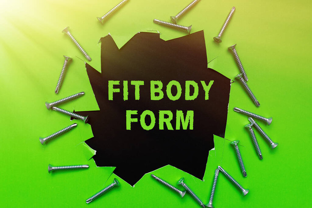 Text sign showing Fit Body Form. Word for refers to a body that perfectly align of shape and contour Workshop Improvement Ideas Productivity Inspirations And Solutions - Foto, Bild