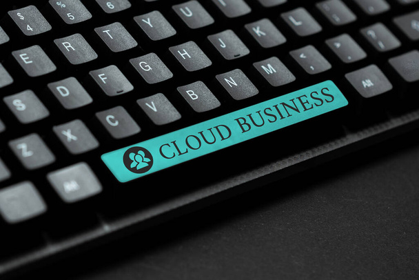 Text sign showing Cloud Business. Business concept internetbased delivery of services made available to users Typing Helpful Blog Tutorial And Guides, Researching Strategies Online - Foto, Bild