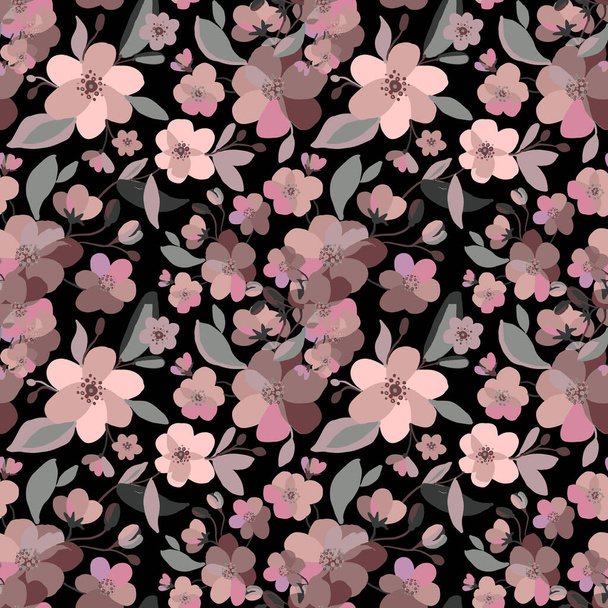 Watercolor sakura and thorns pattern. Seamless natural texture with blossom cherry tree branches. Hand drawn japanese flowers on black background. Floral vector illustration - Vetor, Imagem