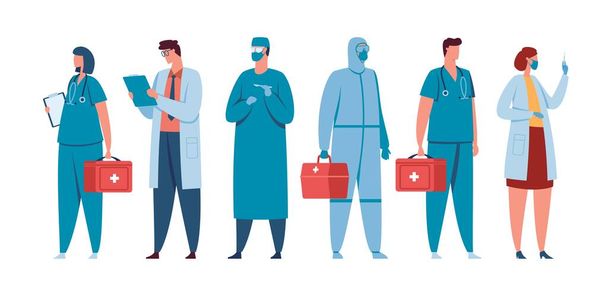 Healthcare workers. Medical team of doctors, nurses, surgeons, physicians in medic uniform. Hospital staff standing together vector concept - Вектор,изображение