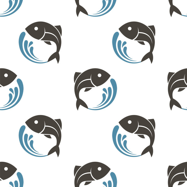 seamless pattern with fish and water waves on white background - Vettoriali, immagini