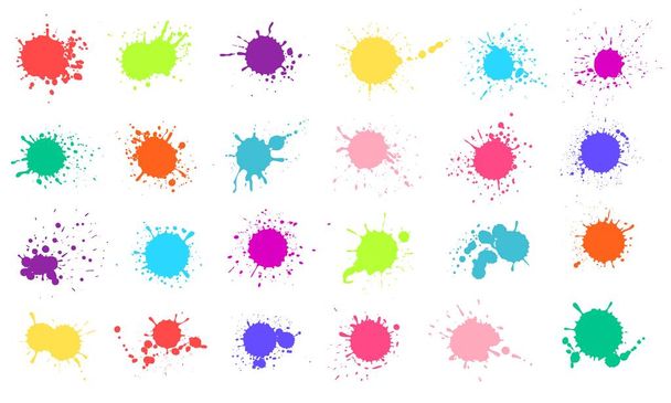 Paint splashes. Colorful liquid paints splatter. Colored ink drops, stains, blots. Abstract grunge color inkblot shape silhouette vector set - Vector, Image