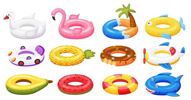 Δαχτυλίδι κολύμβησης. Φουσκωτά αξεσουάρ πισίνας, πλωτά λαστιχένια παιχνίδια καρπούζι, ανανάς, ντόνατ, φλαμίνγκο. Cartoon καλοκαίρι κολύμπι δαχτυλίδι διάνυσμα που - Διάνυσμα, εικόνα