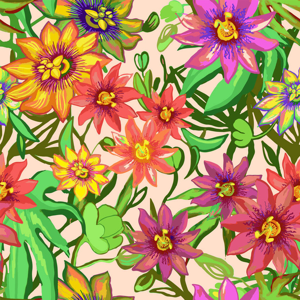 Tropic exotic flowers seamless pattern. Passiflora, orchid, plumeria. Isolated in light background with green leaves, jungle banana palm tree. Hand drawn floral texture, print. Vector illustration - Διάνυσμα, εικόνα