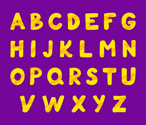 Ilustración vectorial de un divertido alfabeto inglés escrito en amarillo sobre un fondo púrpura - Vector, Imagen