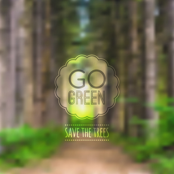 Ilustração embaçada ecológica vetorial com estrada, árvores e etiqueta "Go green
" - Vetor, Imagem
