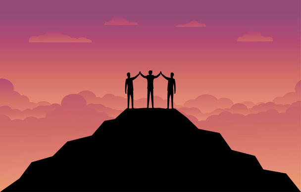 Business finance background. Silhouette of the businessman team on the mountain. Leadership Concept. Business the success. Vector silhouette illustration design - Vector, Image