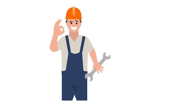master in a protective helmet and a wrench in his hand shows with a gesture that everything will be fine - Vector, Image