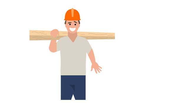 a builder in a safety helmet holds wooden planks and smiles - Vector, Image