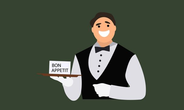joven camarero masculino sosteniendo una bandeja e inscripción en inglés bon appetit - Vector, Imagen