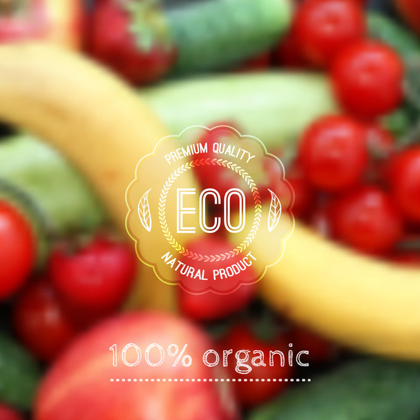 Fondo borroso vectorial con frutas, verduras y etiqueta ecológica
 - Vector, imagen