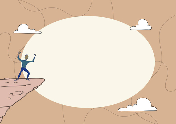 Человек на горе иллюстрация гордится своим восхождением успех в облака. Спортсмен на скале, празднующий достижение на вершине. Спортивный парень, достигший неба. - Вектор,изображение