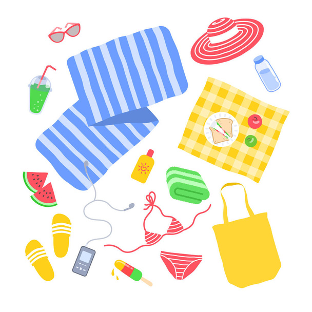 Beach essentials for perfect day in the sun. Summer vacation travel beach stuff. Beach mat with picnic blanket, flip flops, towel and bikini, water bottle, sunscreen, sunglasses. Cartoon illustration - Vector, Image