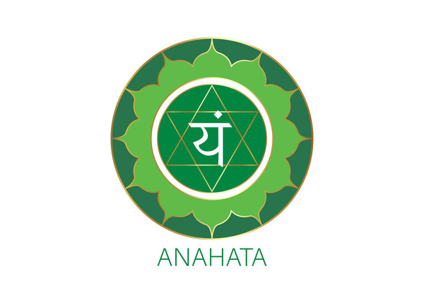 Anahata Čtvrtá čakra s hinduistickou sanskrtskou semenářskou mantrou Vam. zelená je symbol plochého designu pro meditaci, jógu. Šablona kulatého loga vektor izolovaný na bílém pozadí  - Vektor, obrázek