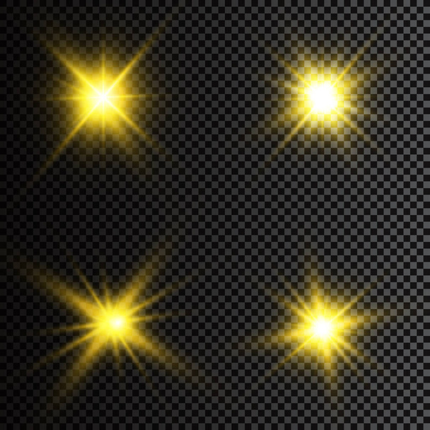 Ilustración vectorial de rayos de luz de llamarada abstracta. Un conjunto de estrellas, luz y resplandor, rayos y brillo. - Vector, Imagen