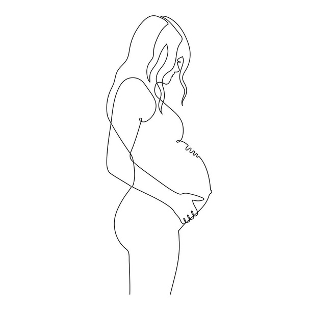 Рука намальована вагітна молода жінка, одна лінія, стилізований безперервний контур. Леді очікує дитину, зображення майбутньої матері та дитини в животі.
 - Вектор, зображення