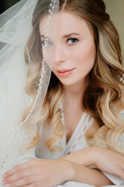 the brides morning. a beautiful young woman with long hair under the veil - Foto, Bild