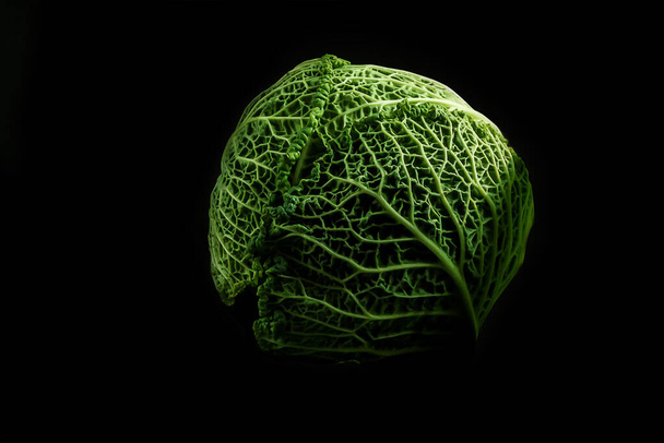 Fresh green Cabbage On Black Background - Foto, afbeelding