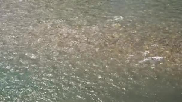 Gyönyörű nyugodt hegyi folyó kékes árnyalatú olyan tiszta, hogy láthatjuk az alján és a kövek. A Hegyi folyó lenyűgözi és magára vonja a figyelmet. Vízszintes 4k valós idejű videó. - Felvétel, videó