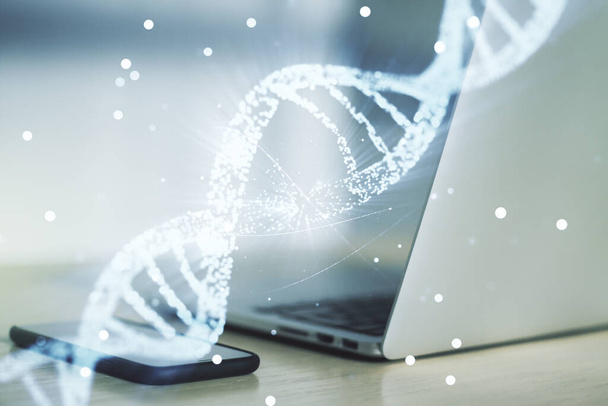 Creative concept with DNA symbol illustration on modern laptop background. Genome research concept. Multiexposure - Photo, Image