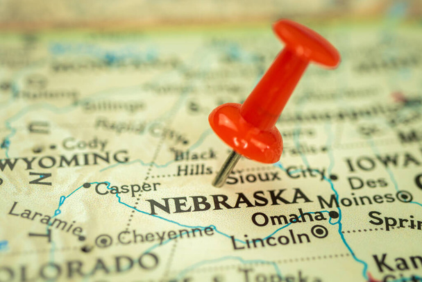 Sijainti Nebraska State, kartta punainen push pin osoittaa lähikuva, USA, Yhdysvallat - Valokuva, kuva