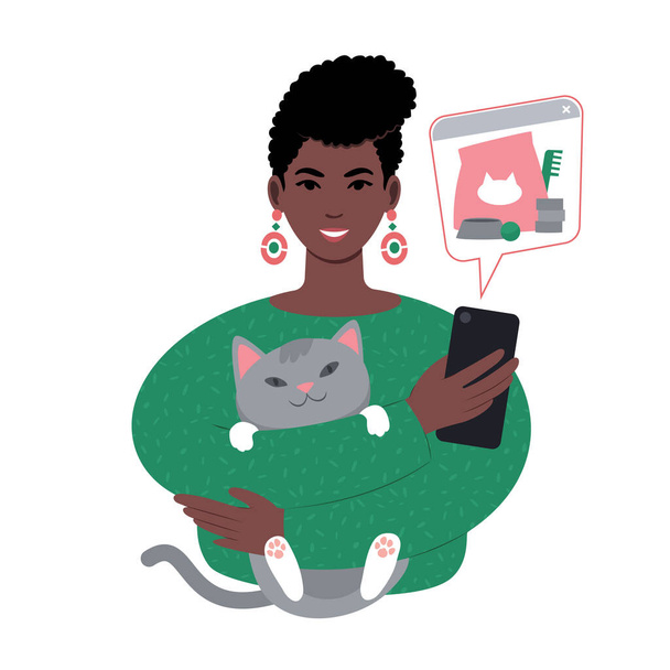 nuori afrikkalainen nainen söpö kissa tilaamalla lemmikkieläinten tarvikkeita verkossa älypuhelimesta. - Vektori, kuva