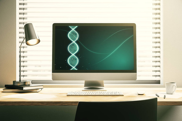 Creative concept with DNA symbol illustration on modern laptop screen. Genome research concept. 3D Rendering - Foto, imagen