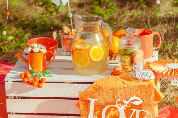 Decorated picnic with oranges and lemonade in the summer - Foto, Imagen