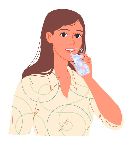 Egy fiatal nő arcképe, aki pohárból issza a vizet. - Vektor, kép