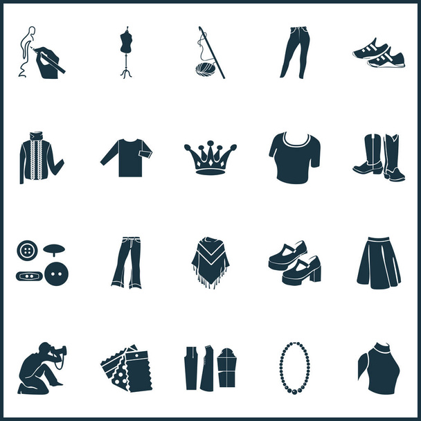 Icone di design fashion set con maglieria, bottoni, manichino sartoriale e altri elementi in tessuto. Isolato illustrazione icone di design di moda. - Foto, immagini