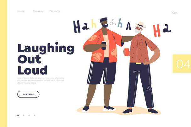 Laughing out loud concept of landing page with two adult men giggling. Male friends telling jokes - Vector, Image