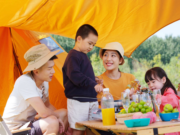 A happy family of four having a picnic outdoors - Fotografie, Obrázek