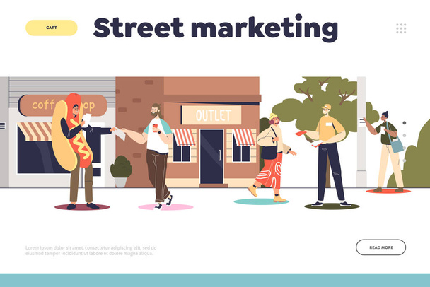 Conceito de marketing de rua e promoção de landing page com promotores em panfletos de distribuição de fantasias - Vetor, Imagem