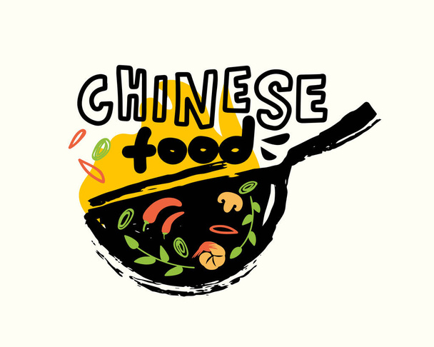 Etichetta, striscione o emblema cinese del cibo grunge. Wok cucina fritti piatti asiatici, Ingredienti piccanti Peperoncino, frutti di mare - Vettoriali, immagini