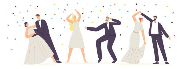 Wedding Dancing and Celebration Concept. Just Married Characters Dance, Newlywed Bride and Groom Couple Marriage - Vektor, Bild