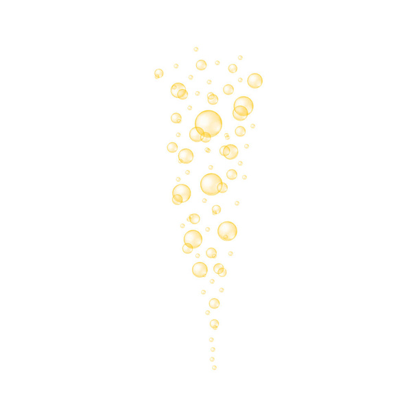 Golden transparent bubbles. Shiny drops of collagen, serum, jojoba cosmetic oil, vitamin A or E, omega fatty acids. Vector realistic illustration - Vector, Image