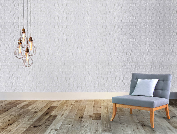 decoración interior suelo de madera, concepto de pared de piedra. fondo decorativo para el hogar, oficina y hotel. Ilustración 3D - Foto, imagen