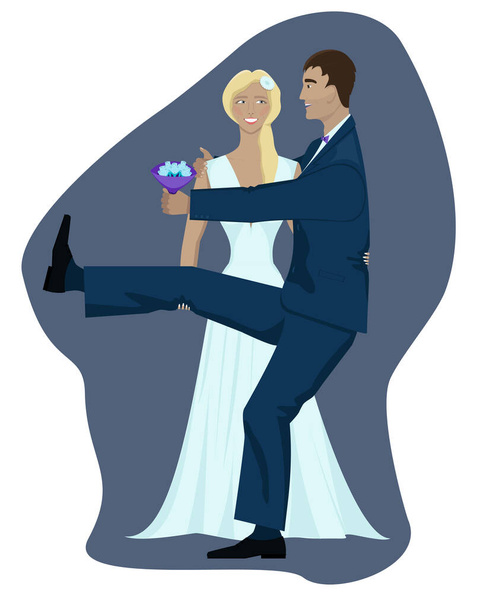   紫と白の背景に花嫁と新郎の孤立したイメージ。新婚旅行は楽しく冗談を言っている、花嫁は彼女の腕の中で新郎を取りたい - ベクター画像