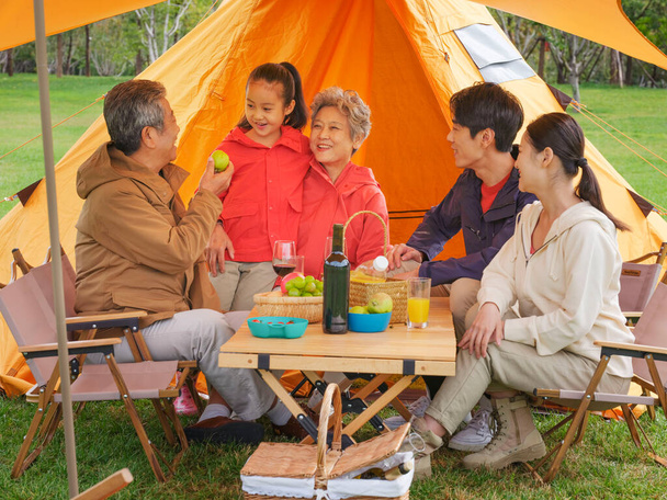 A happy family of five having a picnic outdoors - Fotó, kép