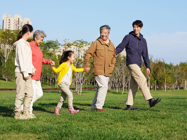 A happy family of five walking in the park - Zdjęcie, obraz