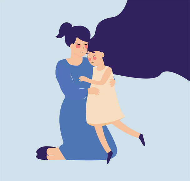 Мама сидит на полу и обнимает свою дочь с заботой и любовью. Знамя поздравительной открытки на День матери. Материнство, матери-одиночки, разведенная женщина и позитивное воспитание. Милая маленькая девочка обнимает свою мать. Дети обнимаются. Векторная иллюстрация - Вектор,изображение
