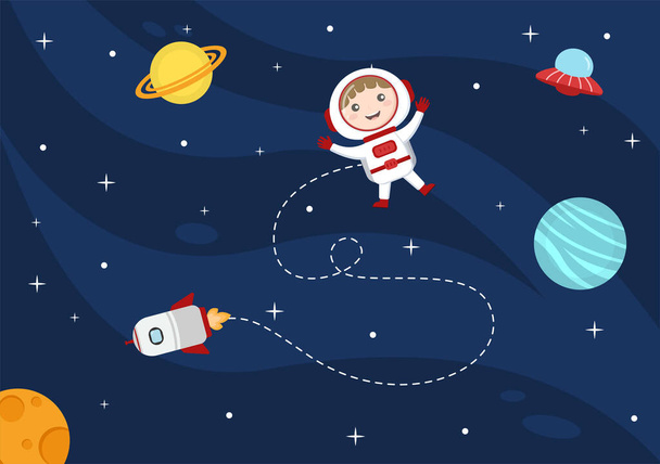 Astronaut s raketovou ilustrací pro objevování ve vesmíru a pohybu vidět hvězdy, měsíc, planety nebo asteroidy - Vektor, obrázek