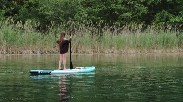 Mulher magra jovem em pé na placa no rio estende o comprimento de uma pá - Filmagem, Vídeo