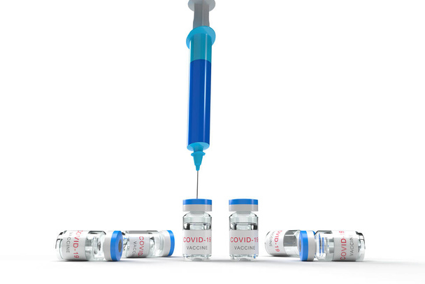 Kórházi klinika laboratóriumi orvos nővér tudós fecskendő palack kék kovid-19 corona antivírus betegség pandémiás vakcina szérum adag folyadék gyógyszer betegség influenza orvosi gyógyszertár.3D render  - Fotó, kép