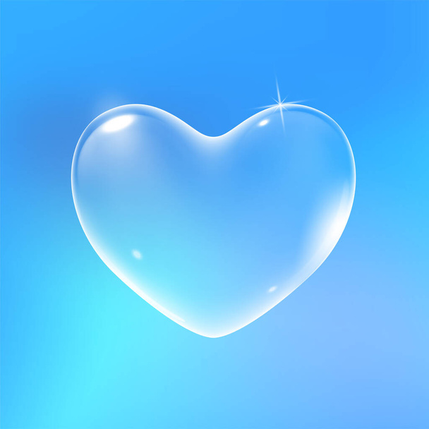 Realistic transparent white vector soap bubble shaped as heart. Romantic glossy soapy heart. Valentine day symbol. Blue background. - Vektör, Görsel