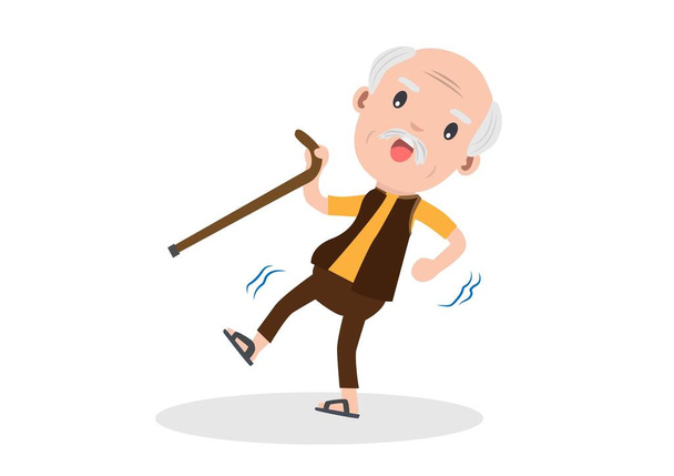 anziano vecchio con un bastone scivoloso medico bacchetta anziani oltre 65 anni pensionati cartone animato illustrazione piatto stile vettore isolato sfondo bianco - Vettoriali, immagini