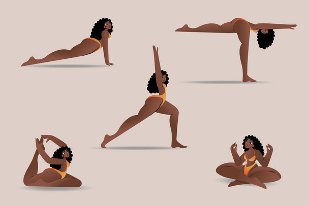 Conjunto de poses de yoga. Una hermosa chica con piel oscura se dedica al yoga. Estilo de vida saludable. Una colección de personajes femeninos de diseño plano que demuestran diferentes posturas de yoga. Vector. - Vector, Imagen