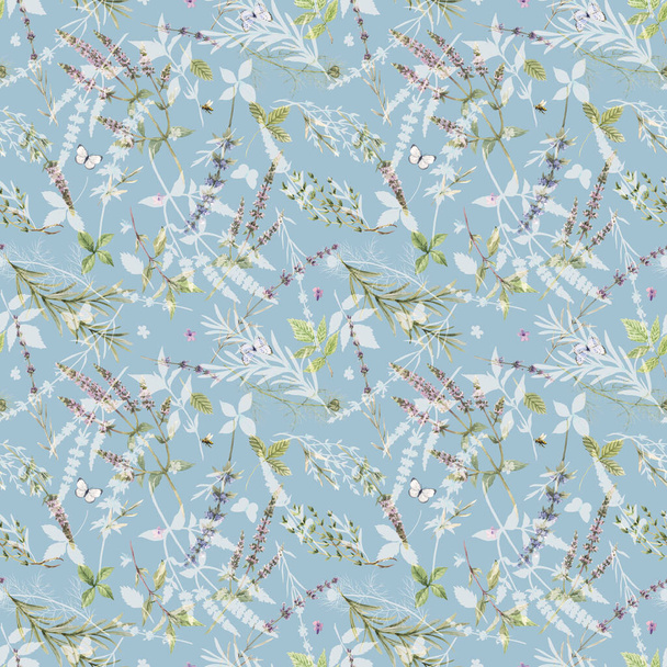 Beautiful seamless floral pattern with hand drawn watercolor gentle mint flowers and other herbs. Stock illuistration. - Foto, Imagem